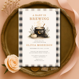 Halloween Baby is Brewing Gingham Baby Shower Kaart