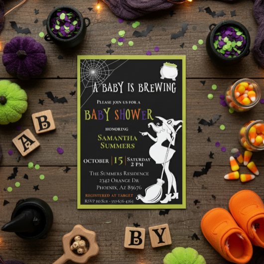 Halloween Baby is Brewing Witch Baby shower Kaart