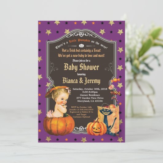 Halloween baby meisje koppels douchen paarse goude kaart (Staand voorkant)