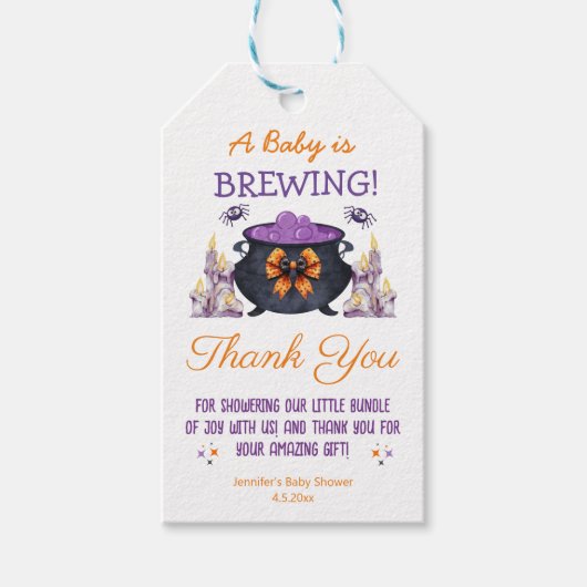 Halloween baby shower brouwen dank u schattig cadeaulabel (Voorkant)