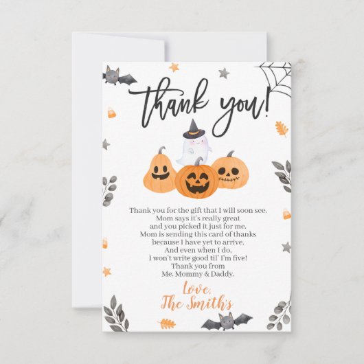 Halloween Baby shower Dank je wel kleine boe Bedankkaart (Voorkant)