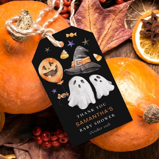 Halloween Baby shower dank je zwart Cadeaulabel