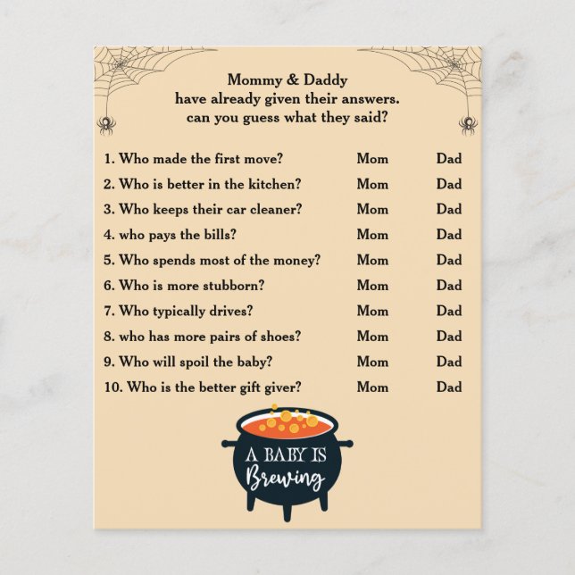 Halloween Baby shower Game Raad eens wie mama of p (Voorkant)