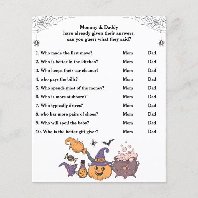 Halloween Baby shower Game Raad eens wie mama of p (Voorkant)