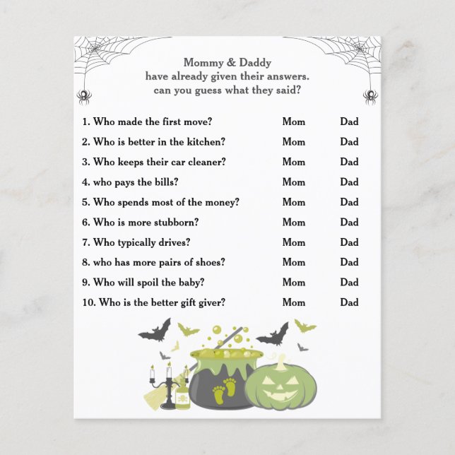 Halloween Baby shower Game Raad eens wie mama of p (Voorkant)