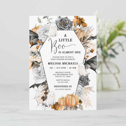 HALLOWEEN Baby shower Invitation, A Little Boo Kaart (Staand voorkant)