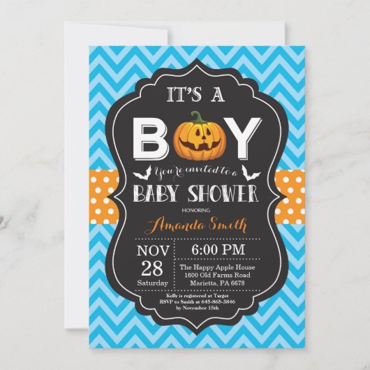 Halloween Baby Shower Invitation Blue Chevron Kaart (Voorkant)