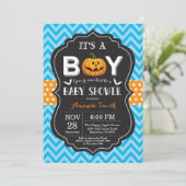 Halloween Baby Shower Invitation Blue Chevron Kaart (Staand voorkant)