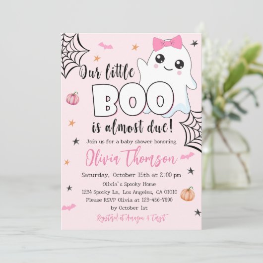 Halloween Baby shower Invitation Cute Ghost Girl Kaart (Staand voorkant)
