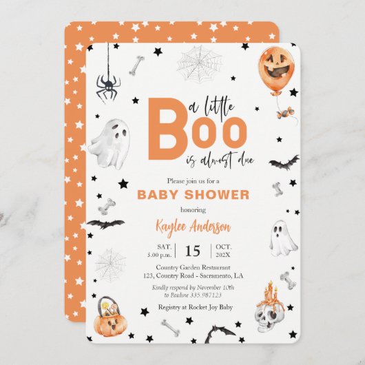 Halloween Baby shower Little Boo oranje uitnodigin Kaart (Voorkant / Achterkant)