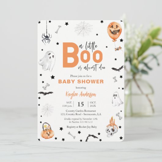Halloween Baby shower Little Boo oranje uitnodigin Kaart (Staand voorkant)