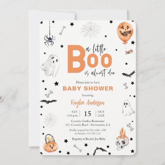 Halloween Baby shower Little Boo oranje uitnodigin Kaart (Voorkant)
