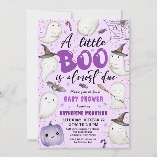 Halloween Baby shower Meisje Paarse Little Boo Gho Kaart (Voorkant)