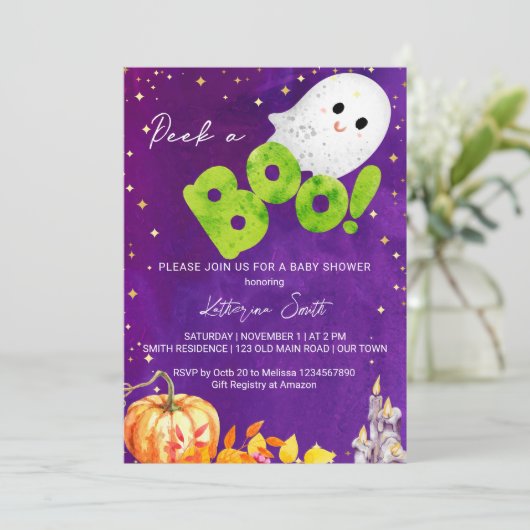 Halloween baby shower peek een boo schattig baby s kaart (Staand voorkant)