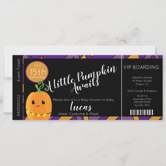 Halloween Baby Shower Pompoen Ticket Uitnodiging (Voorkant)