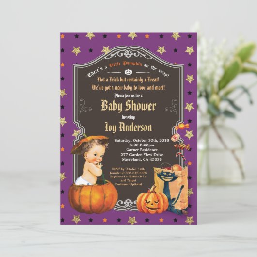 Halloween baby shower retro chalkboard zwart goud kaart (Staand voorkant)
