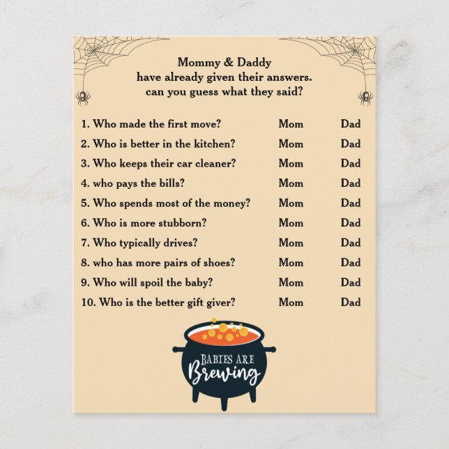 Halloween Baby Shower Spel Raad wie mama of papa i (Voorkant)