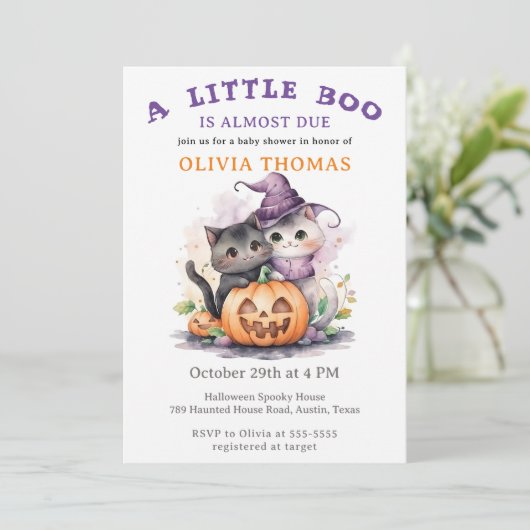 Halloween Baby Shower Uitnodiging Little Boo Katte (Staand voorkant)