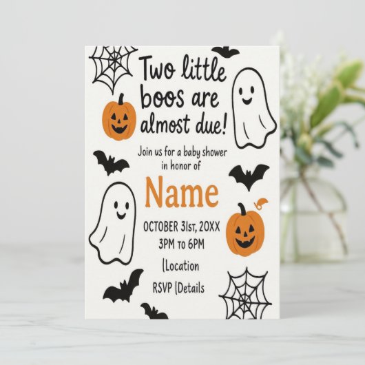 Halloween Baby shower uitnodiging | tweeling | bew (Staand voorkant)