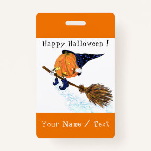 Halloween Badge Witch Pumpkin Flying Add Name Text