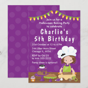 Halloween Baking Birthday Brown Hair Girl Invitati Kaart