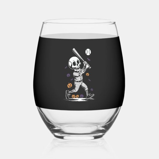 Halloween Baseball Skeleton Hitting Wijnglas Zonder Voet (Voorkant)