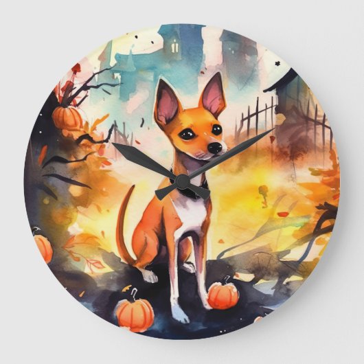 Halloween Basenji met pomkins Scary Grote Klok (Voorkant)