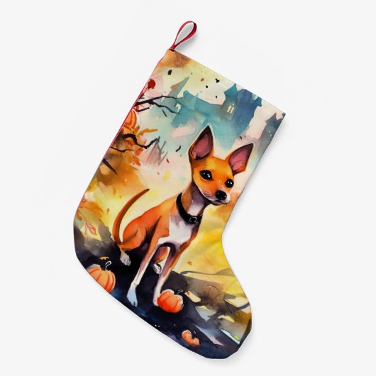 Halloween Basenji met pomkins Scary Kleine Kerstsok (Voorkant (Hangend))