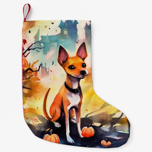 Halloween Basenji met pomkins Scary Kleine Kerstsok (Voorkant)