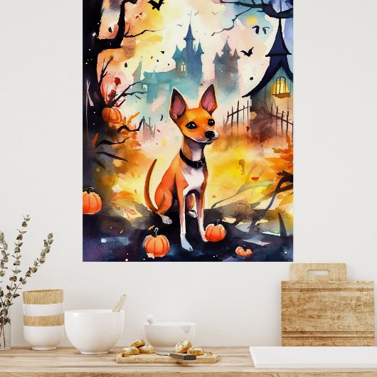 Halloween Basenji met pomkins Scary Poster (Keuken)