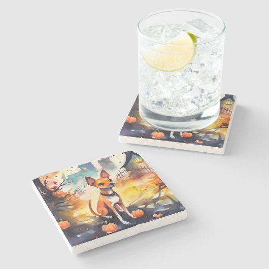 Halloween Basenji met pomkins Scary Stenen Onderzetter (Zijkant)