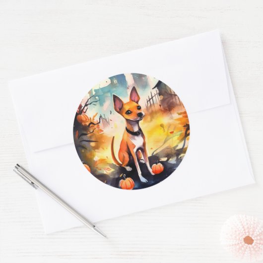 Halloween Basenji met pompoenen eng Ronde Sticker (Envelop)