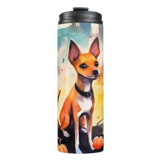 Halloween Basenji Met Pompoenen Eng  Thermosbeker (Voorkant)