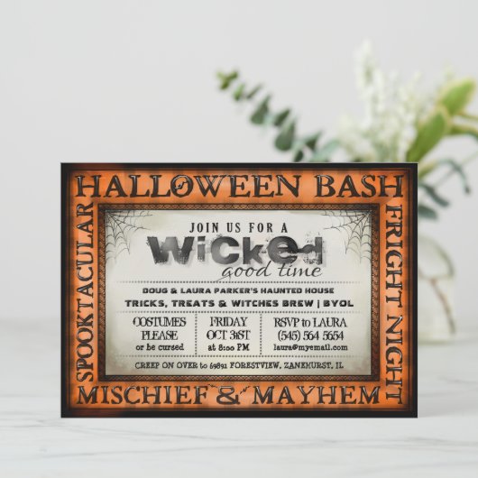 Halloween Bash Sinaasappel & White Wied Invite Kaart (Staand voorkant)