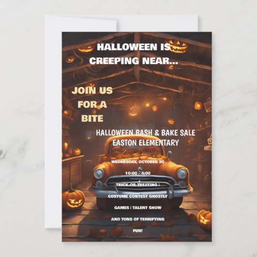 Halloween Bash Uitnodiging met Oranje Auto (Voorkant)