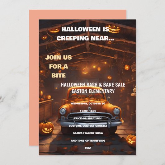 Halloween Bash Uitnodiging met Oranje Auto (Voorkant / Achterkant)