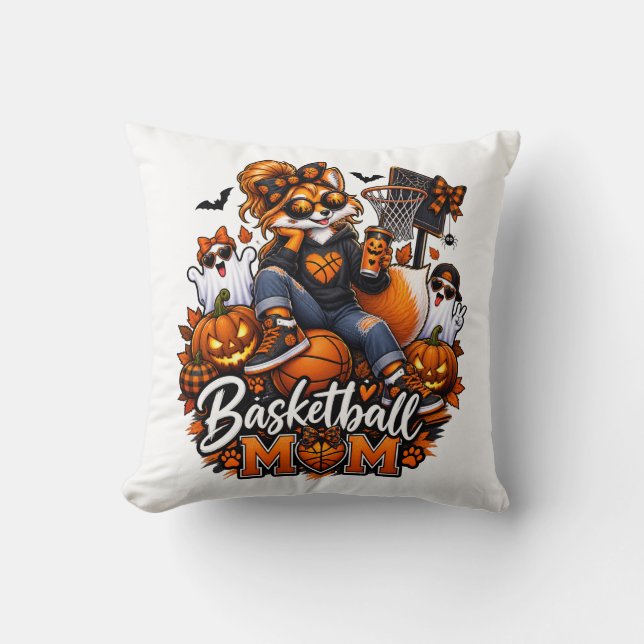 Halloween Basketbal Moeder Vos – Griezelige Hoops  Kussen (Voorkant)