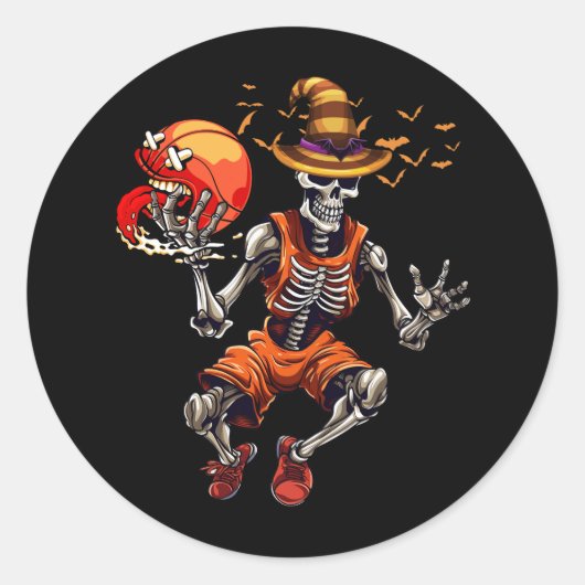 Halloween Basketbal Skelet Dunking Jack O Lante Ronde Sticker (Voorkant)