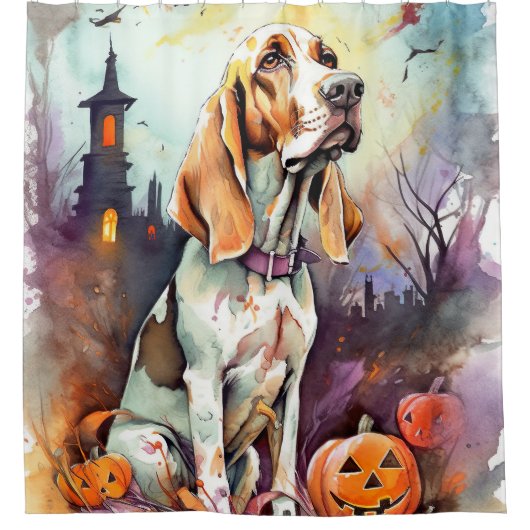 Halloween Basset Hond with Pumpkins Scary Douchegordijn (Voorkant)