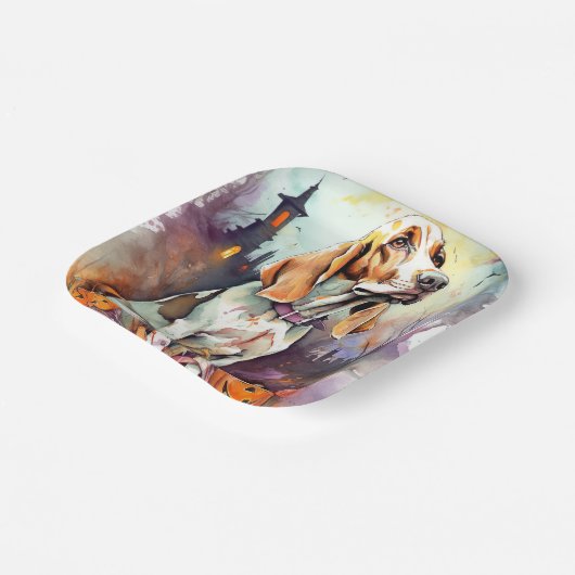 Halloween Basset Hond with Pumpkins Scary Papieren Bordje (Gebogen)