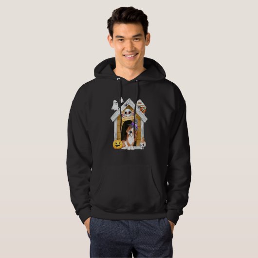 Halloween Basset Hound Dog Witch Haunted House Hoodie (Voorkant volledig)