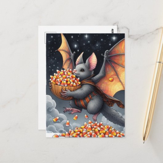 Halloween Bat Flying Squirrel Hybrid with Candy Briefkaart (Voorkant / Achterkant in situ)