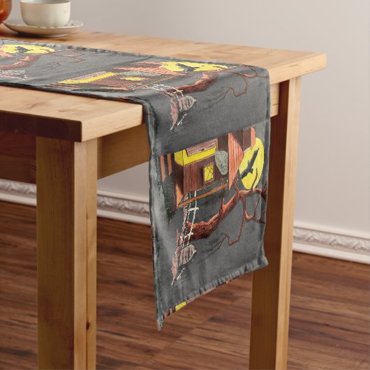Halloween Bat Haunted House Cloth Table Runner Korte Tafelloper (Voorbeeld)