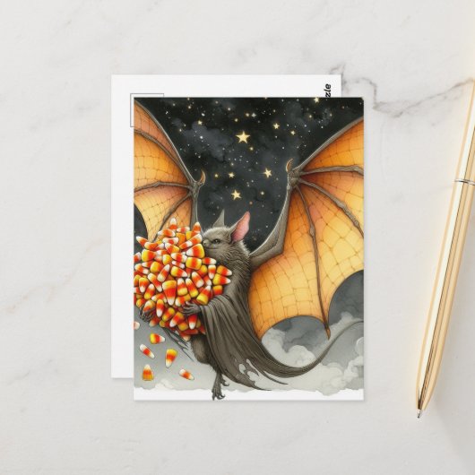 Halloween Bat With Candy Briefkaart (Voorkant / Achterkant in situ)