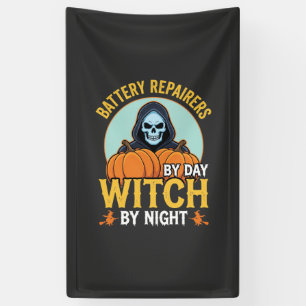 Halloween Batterij Reparateur Heks Bij Nacht Ontwe Spandoek