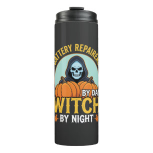 Halloween Batterij Reparateur Heks Bij Nacht Ontwe Thermosbeker