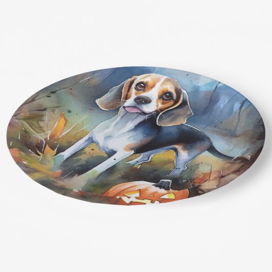 Halloween Beagle met pompoenen eng Papieren Bordje (Gekanteld)