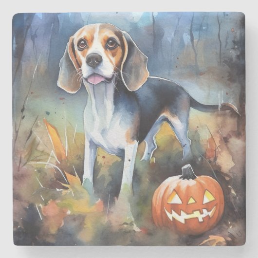 Halloween Beagle met pompoenen eng Stenen Onderzetter (Voorkant)