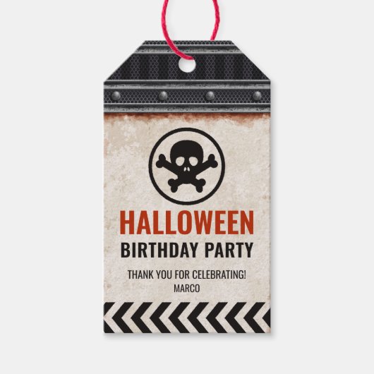 Halloween bedanklabel, metalen raster en schedel cadeaulabel (Voorkant)