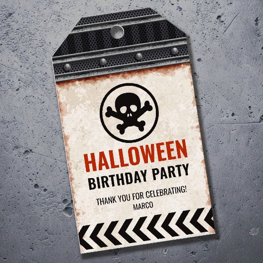 Halloween bedanklabel, metalen raster en schedel cadeaulabel